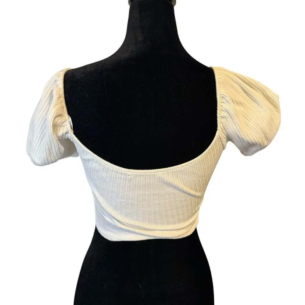 ZARA Ribbed Puff Sleeve Crop Top Ruched Front White M Romantic Cottagecore Y2K
